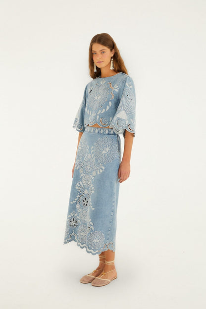 Denim Richelieu Wavy Hem Midi Skirt