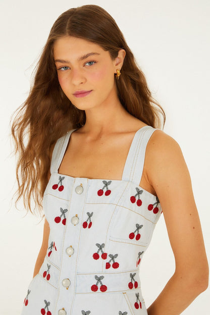 Embroidered Cherry Denim Romper