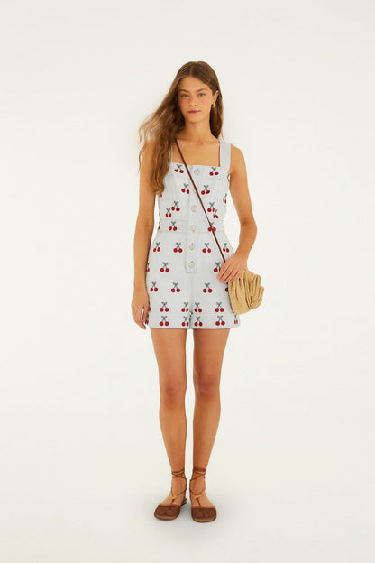 Embroidered Cherry Denim Romper