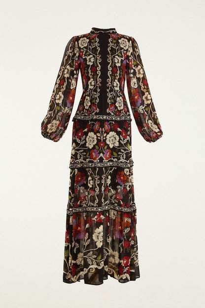 Black Rococo Flowers Ruffled Maxi Dress