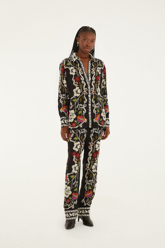 Black Rococo Flowers Collared Buttoned Shirt