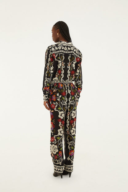 Black Rococo Flowers Pockets Pants