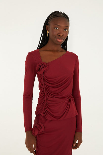 Burgundy 3d Flower Draped Long Sleeve Blouse