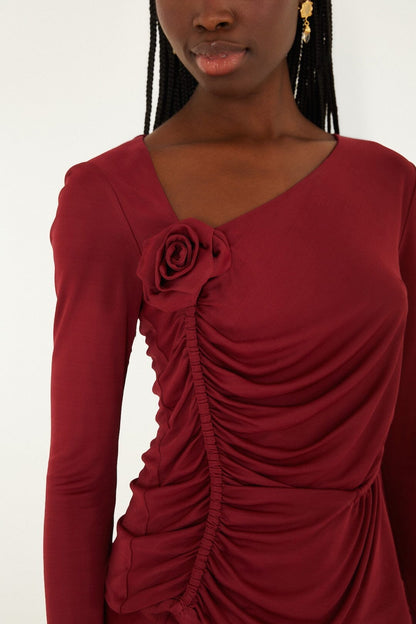 Burgundy 3d Flower Draped Long Sleeve Blouse