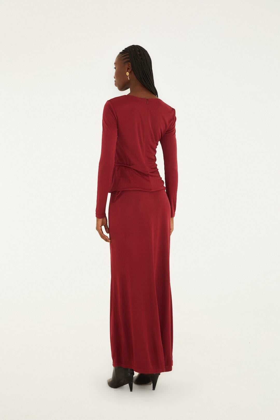 Burgundy 3d Flower Draped Side Slit Maxi Skirt