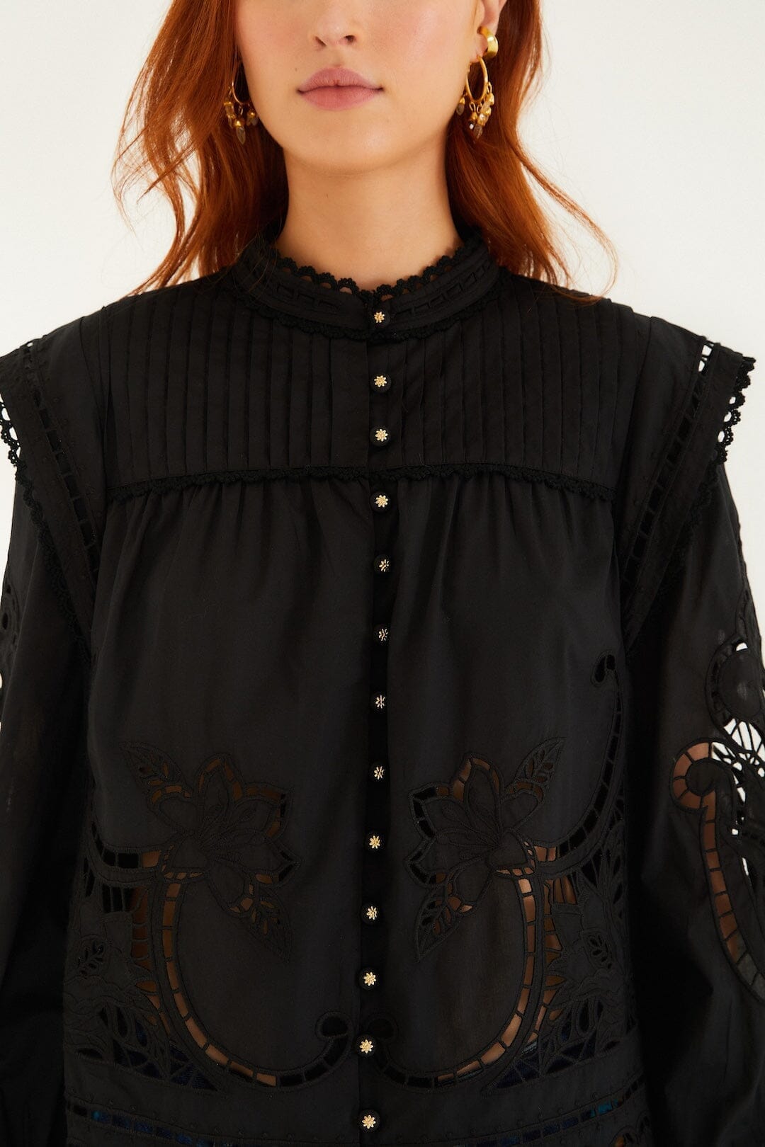 Black Richelieu Puff Sleeve  Blouse