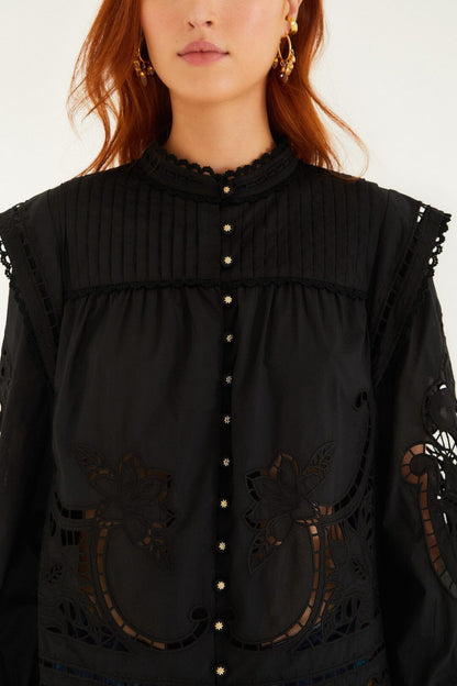 Black Richelieu Puff Sleeve  Blouse