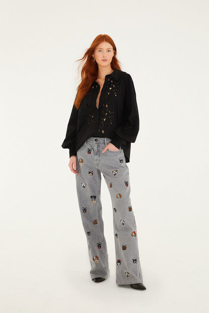 Black Embroidered Buttoned Puff Sleeve Shirt