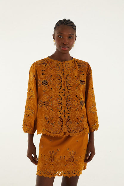 Camel Richelieu Long Sleeve Blouse