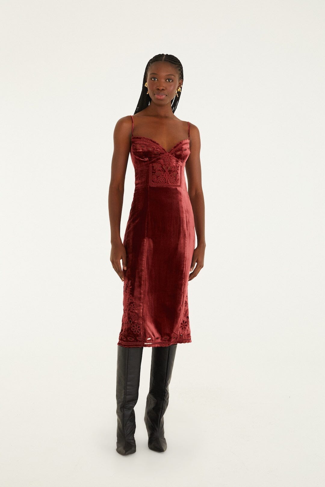 Burgundy Cut-Out Flowers Sleeveless Midi Dress