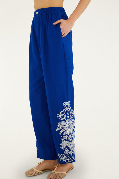 Blue Romantic Embroidered Pants