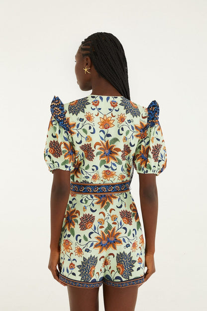Light Green Floral Delhi Tapestry Belted  Romper