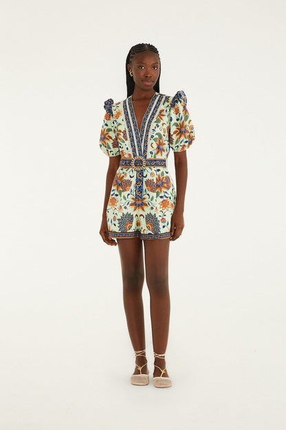 Light Green Floral Delhi Tapestry Belted  Romper