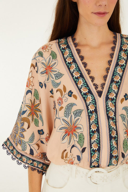 Soft Pink Floral Delhi Tapestry Kimono Sleeve Bodysuit