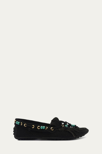Black Fringe Suede Moccasin