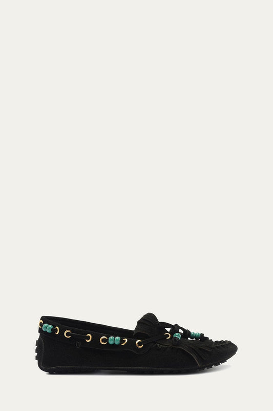 Black Fringe Suede Moccasin