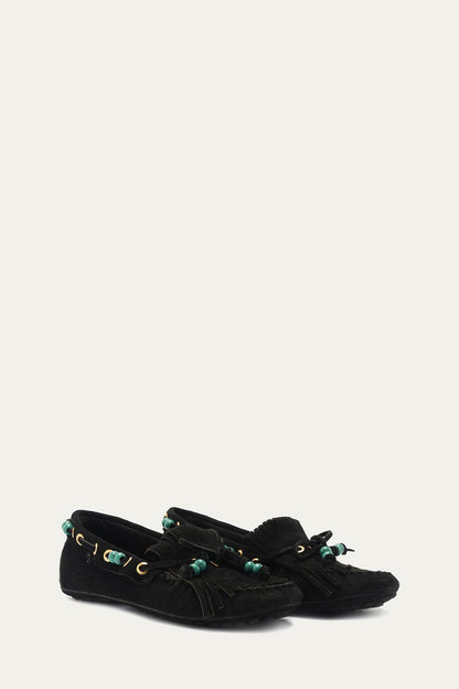 Black Fringe Suede Moccasin