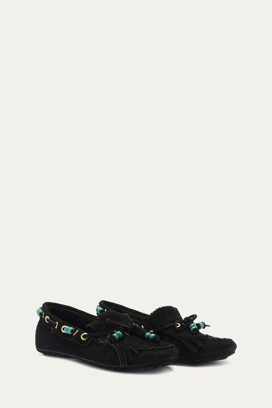 Black Fringe Suede Moccasin