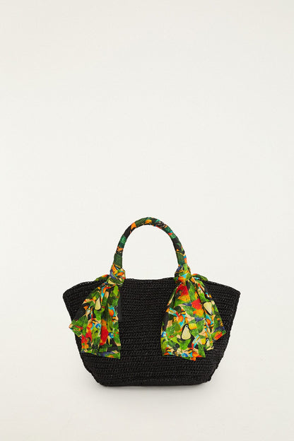 Black Scarf Raffia Mini Basket Bag