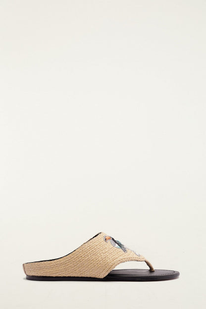 Raffia Embroidered Icons Flat Sandal