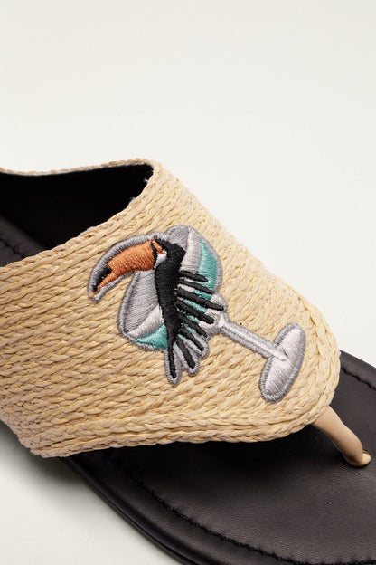 Raffia Embroidered Icons Flat Sandal