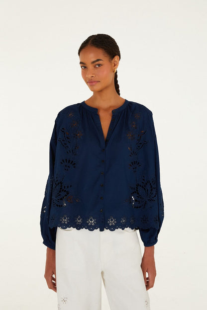 Navy Blue Artisanal Long Sleeve Blouse