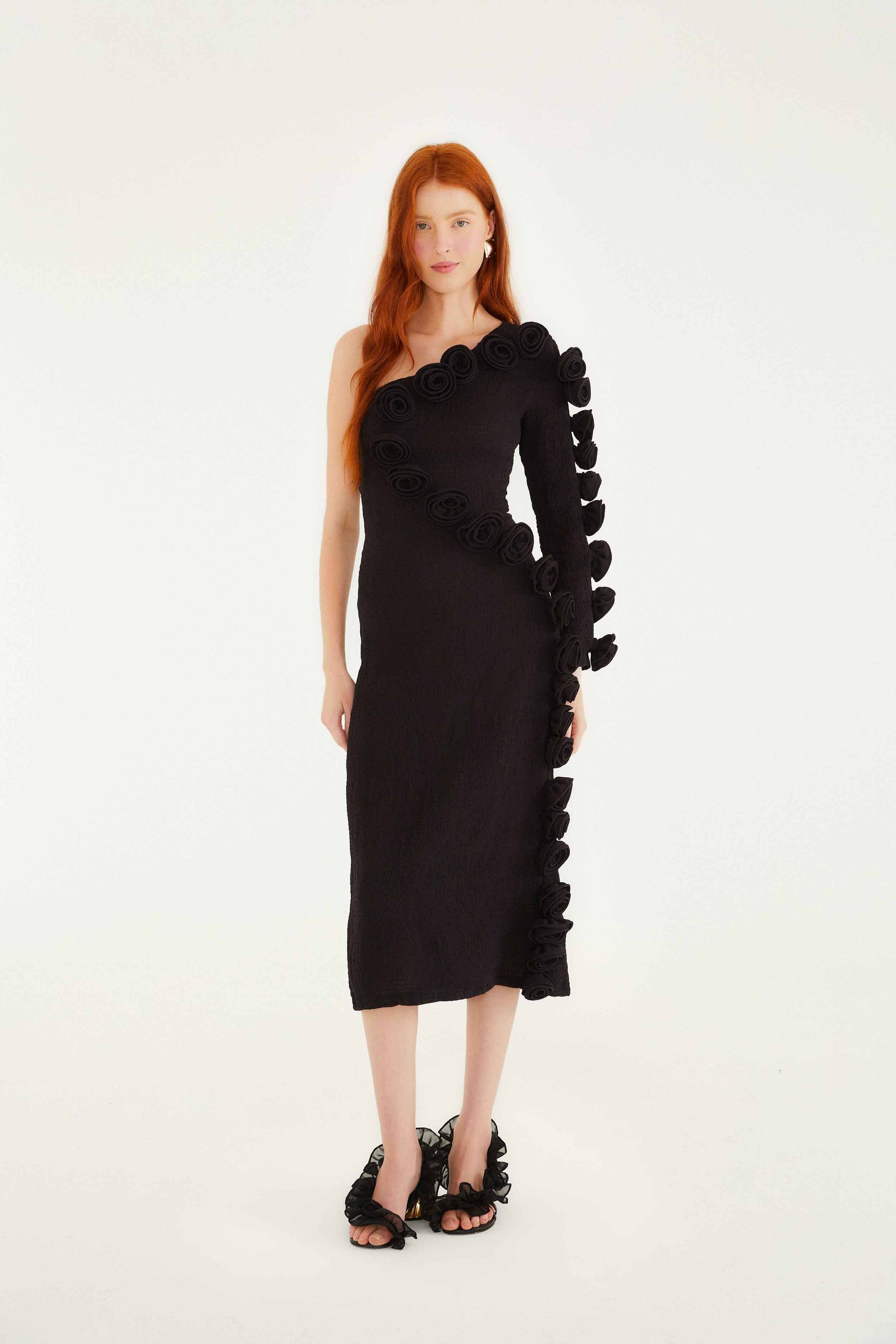 Black 3d Rose One-Shoulder Midi Dress
