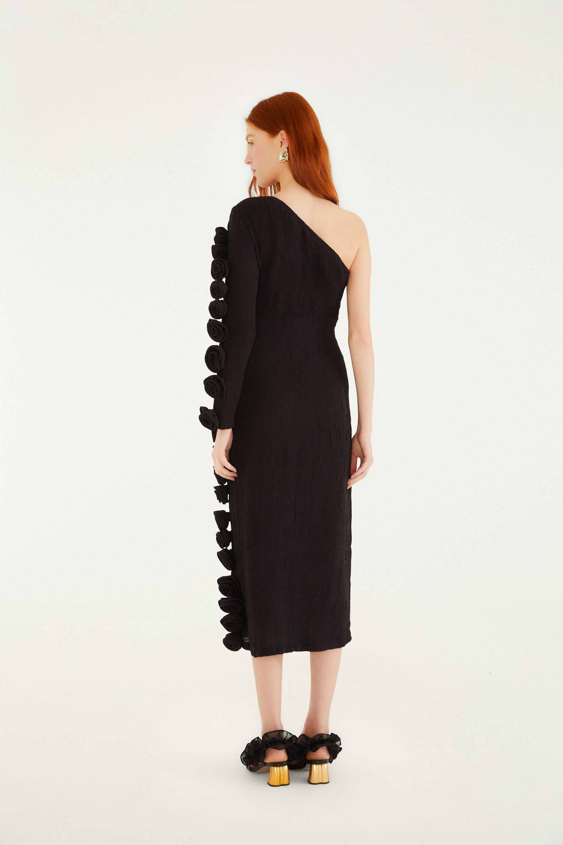 Black 3d Rose One-Shoulder Midi Dress