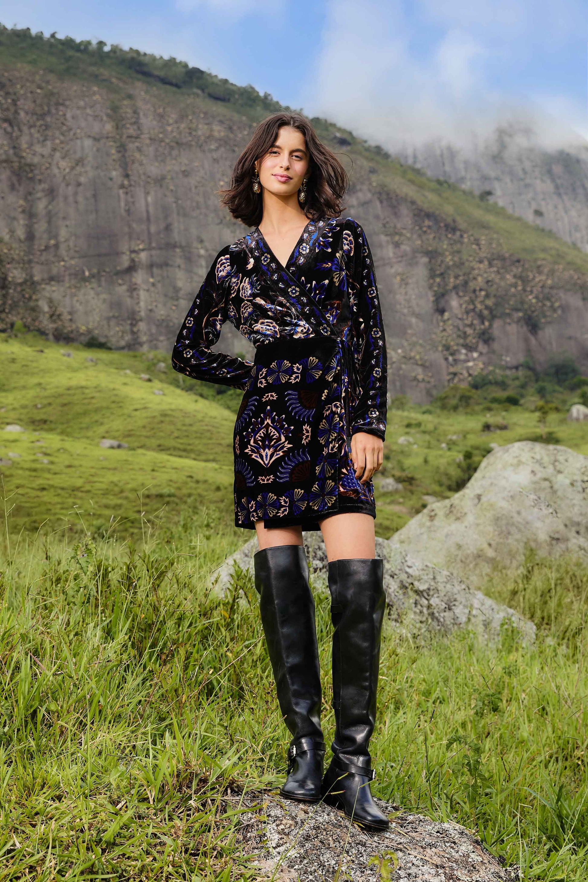Black Arabesque Mix Scarves Wrap Mini Dress