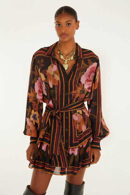Black Chenille Flowers Belted Long Sleeve Mini Dress