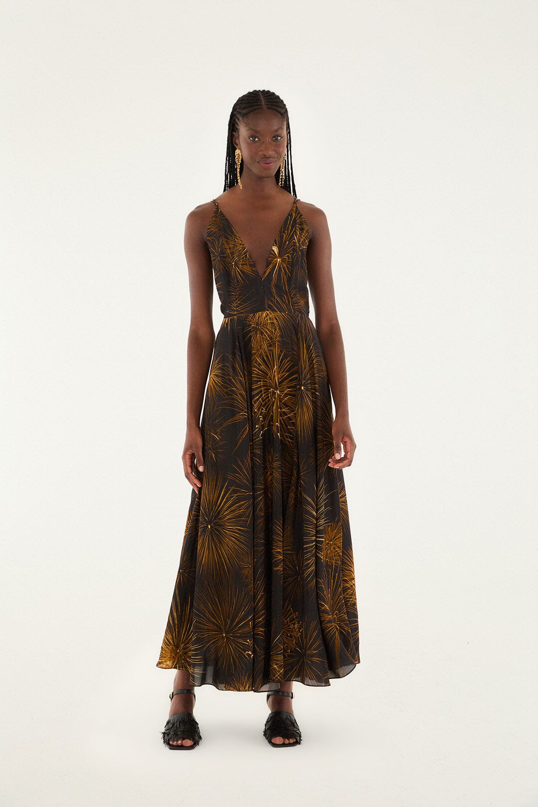 Black Fireworks Sleeveless Open Back Maxi Dress