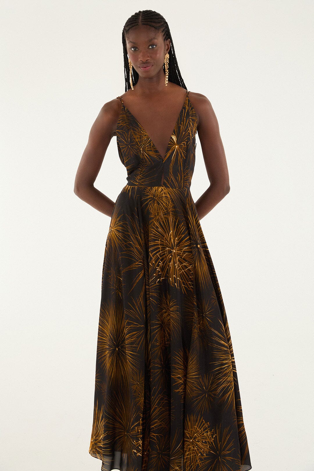 Black Fireworks Sleeveless Open Back Maxi Dress