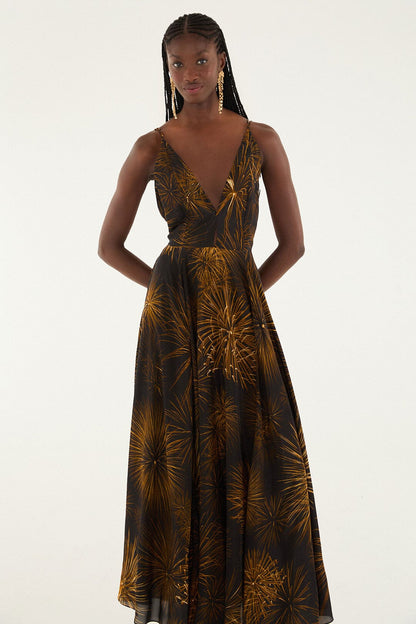 Black Fireworks Sleeveless Open Back Maxi Dress