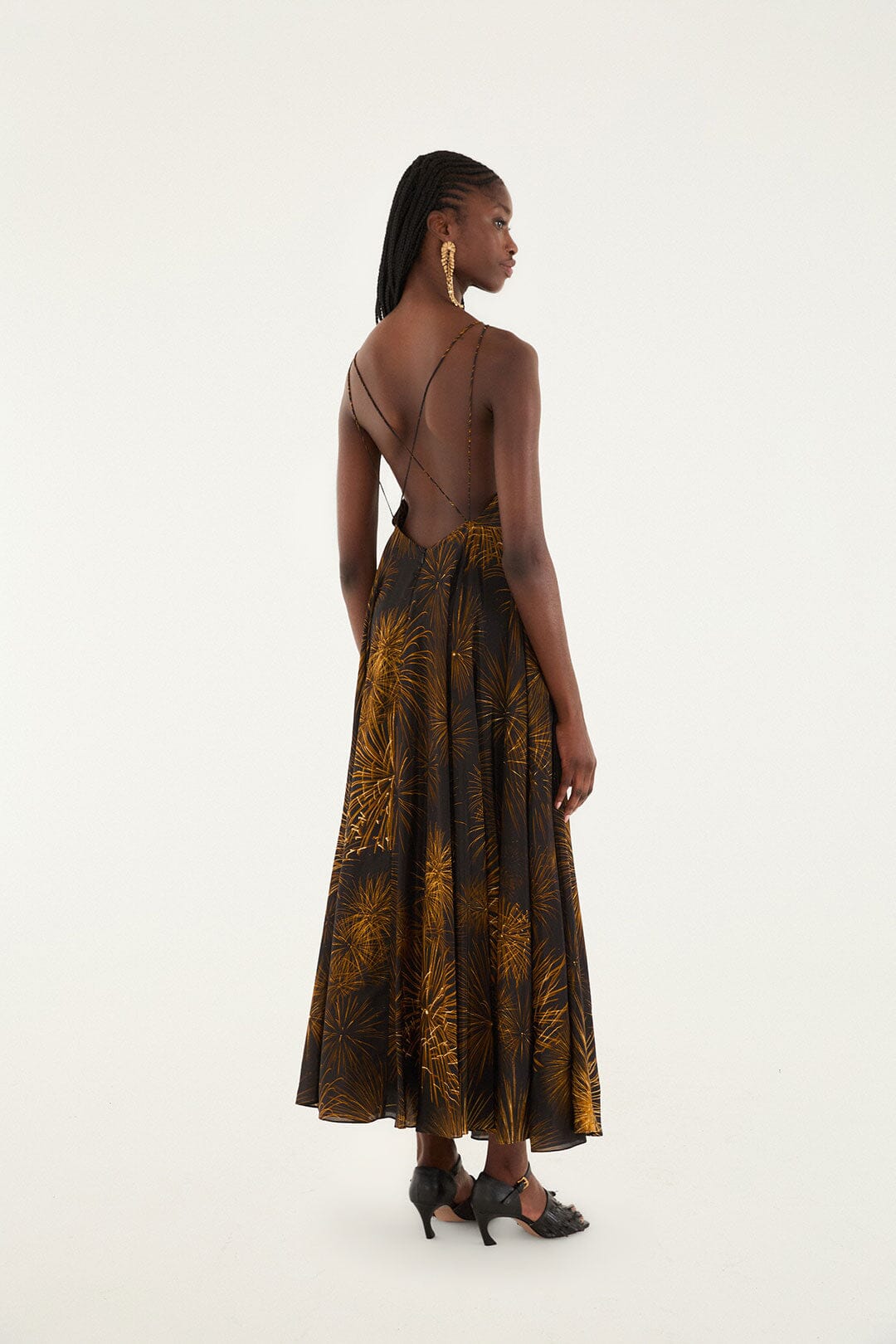 Black Fireworks Sleeveless Open Back Maxi Dress