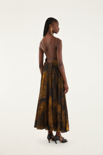 Black Fireworks Sleeveless Open Back Maxi Dress