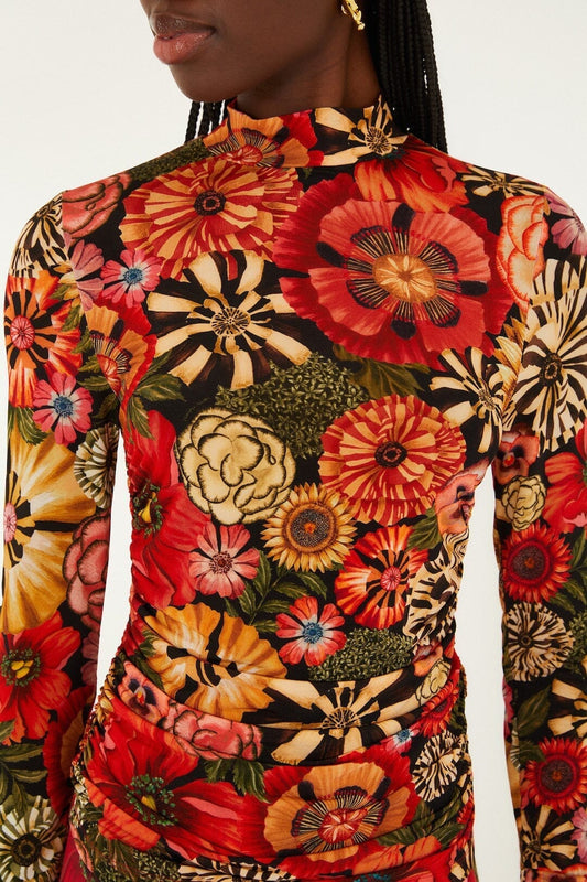 Black Flowershop Ruched Waist Jersey Blouse