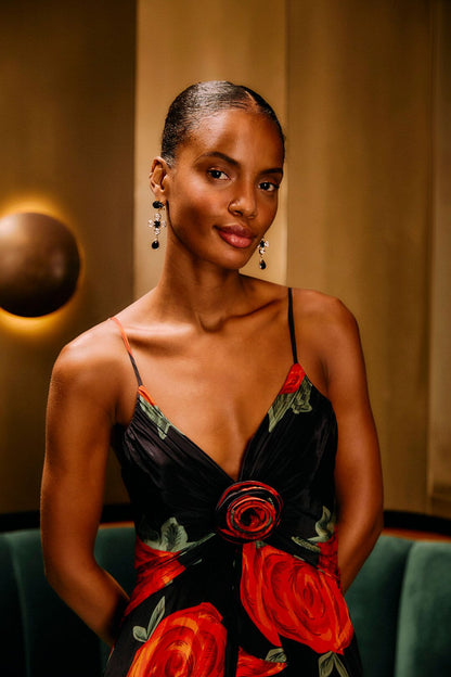 Black Latin Roses 3d Flower Layered Maxi Dress