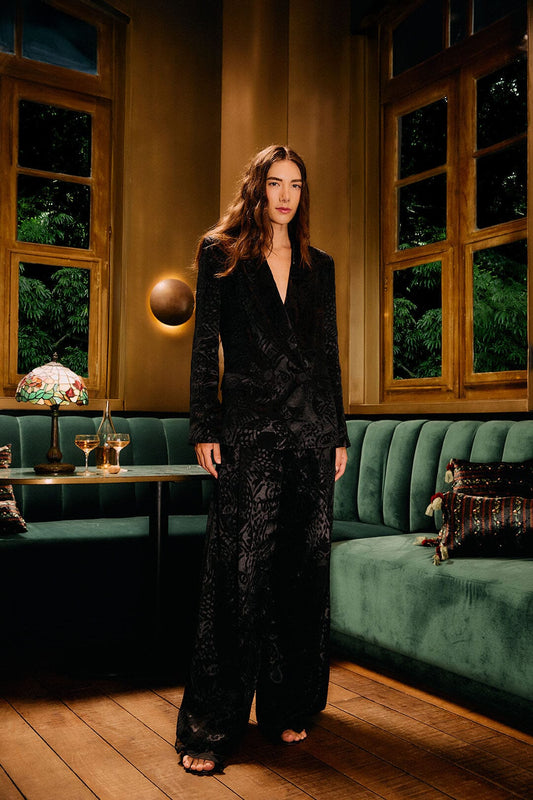 Black Leopard Wide-Leg Jacquard Pants