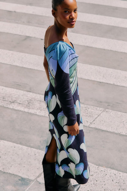 Black Lovely Anthurium One-Shoulder Maxi Dress