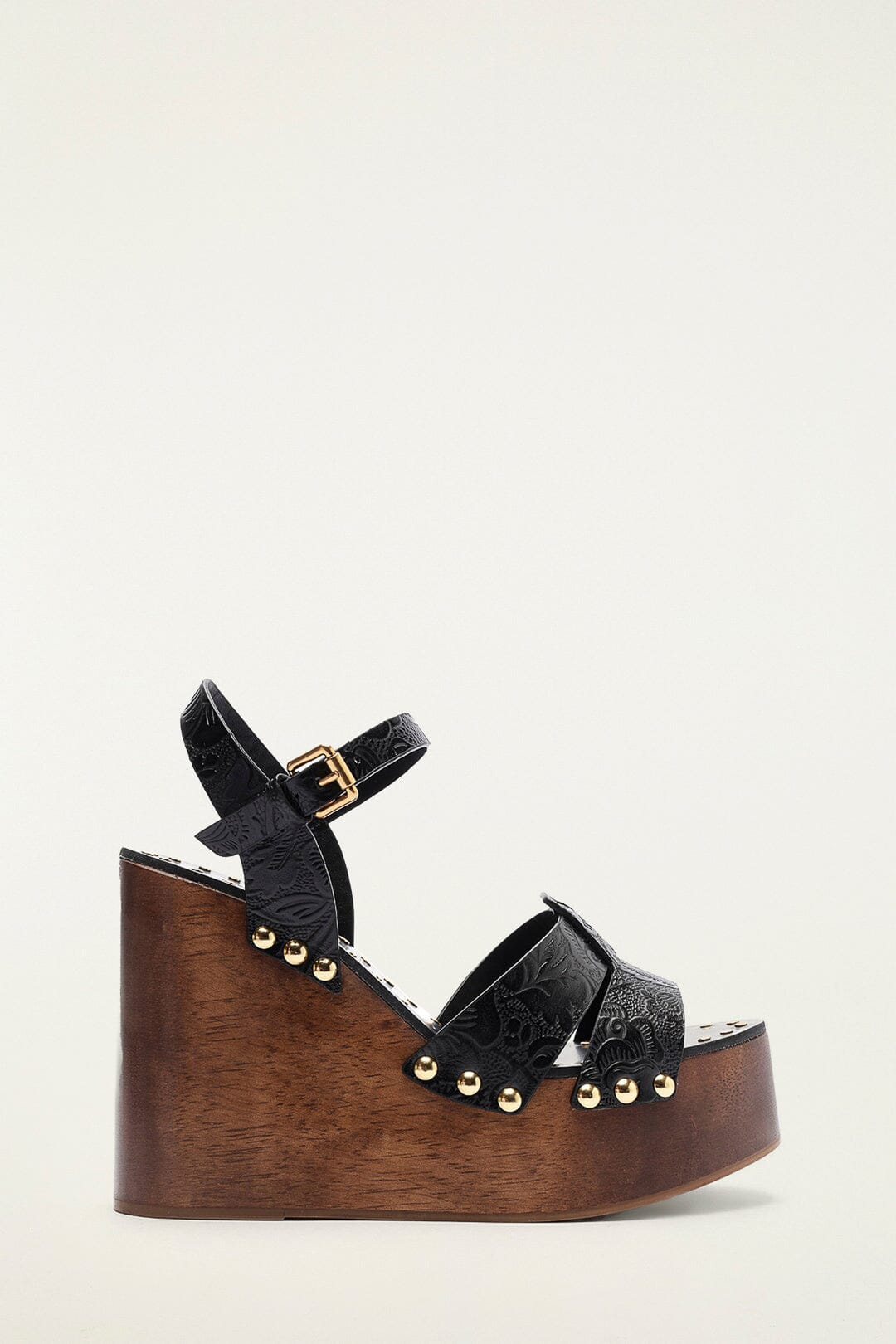 Black Studded Embossed Wedge Sandal
