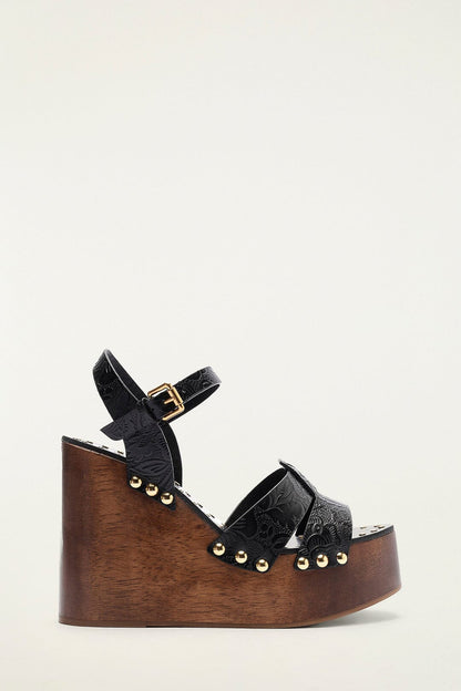 Black Studded Embossed Wedge Sandal