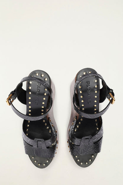 Black Studded Embossed Wedge Sandal