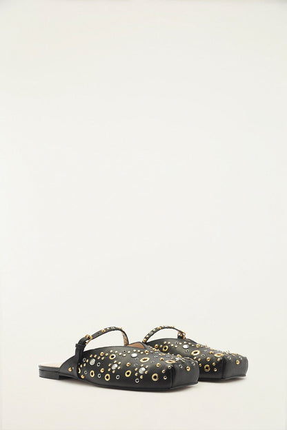 Black Studded Square Toe Ballerina