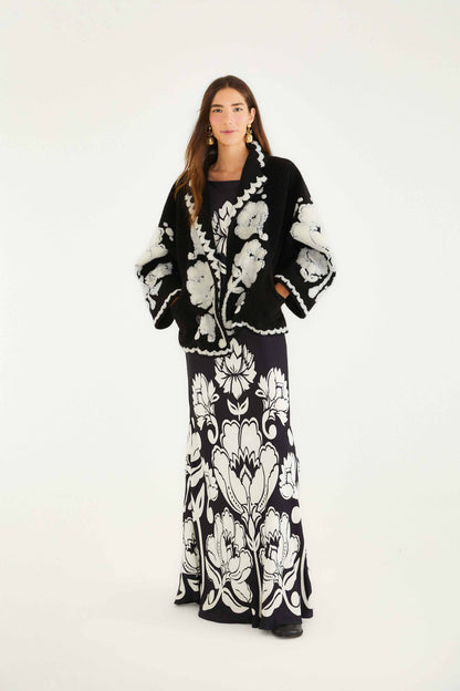Black & White Floral Arabesque Fleece Coat