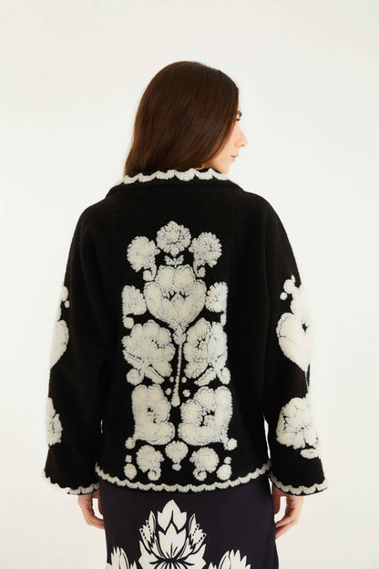 Black & White Floral Arabesque Fleece Coat