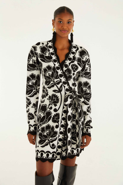 Black & White Floral Arabesque Knit Wrap Dress