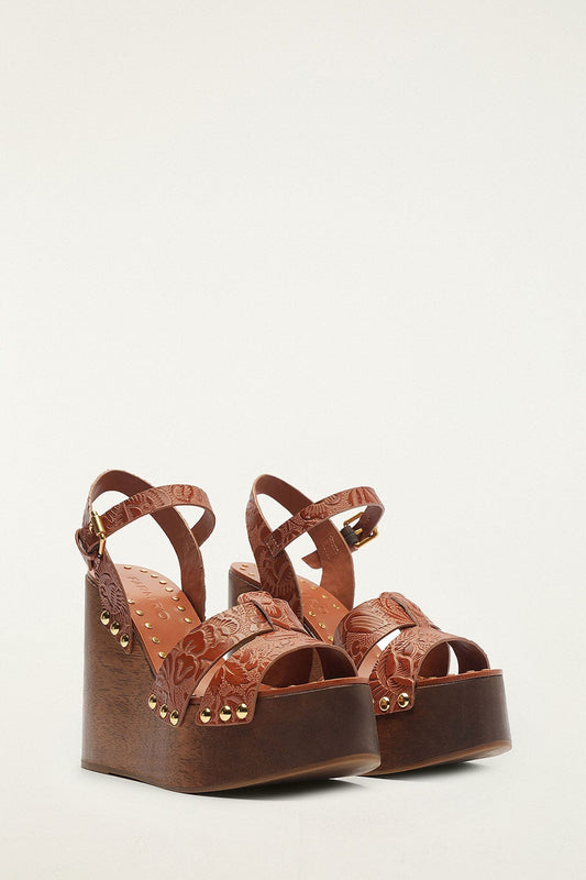 Brown Embossed Wedge Sandal