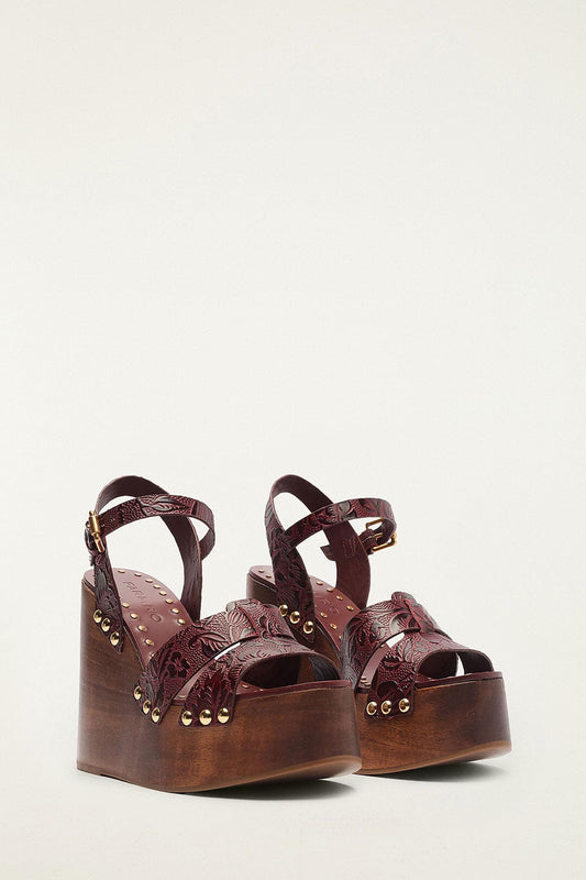 Brown Studded Embossed Wedge Sandal
