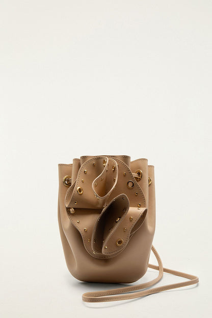 Cream Leather Studded Crossbody Flower Bag