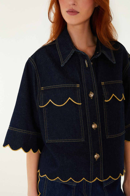 Dark Denim Wavy Hem Short Sleeve Shirt